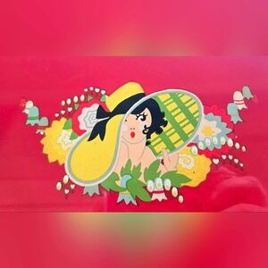 Vintage Red Metal Tray w/ Art Deco Decal of Glamorous Woman in Hat w/ Flowers